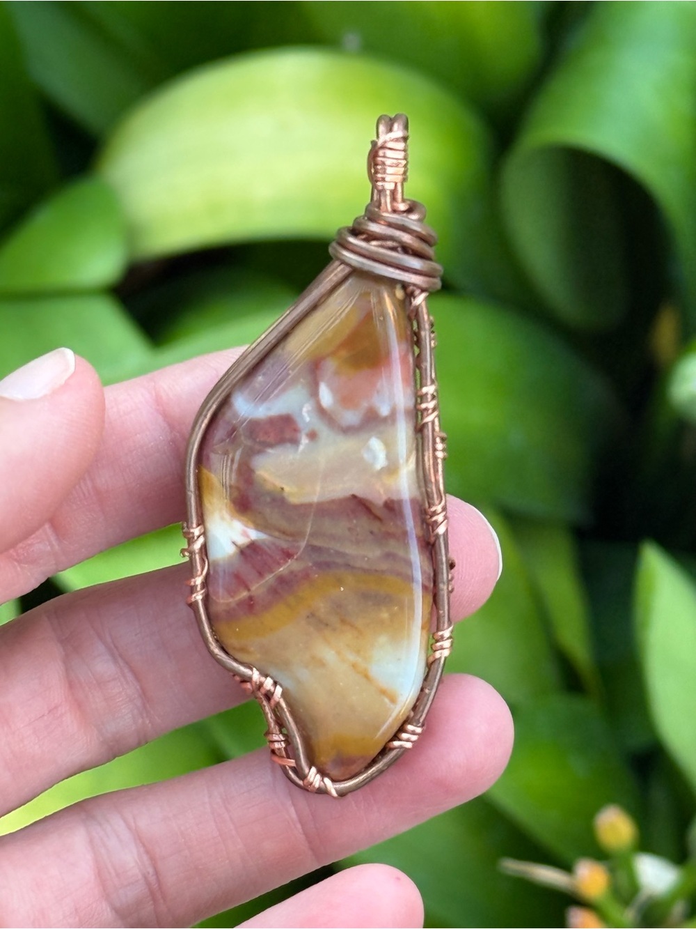 Handcrafted Copper Wire Wrapped Jasper Pendant in Brown and Cream